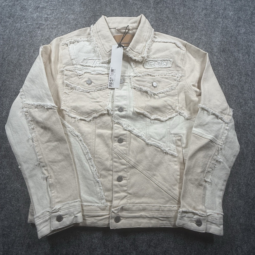 First Row Denim Trucker Jacket Mens Large Ecru Distressed Frayed Embroidered NWT